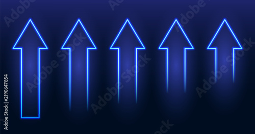 Set of neon arrows of different lengths with glow effects on a dark blue background. Futuristic modern neon glowing frame. Vector EPS 10.