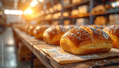 Golden artisan bread loaves on wooden cooling table.