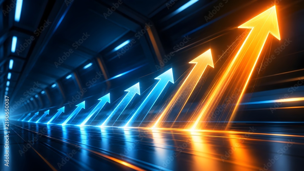 Fototapeta premium Abstract 3d glowing blue and orange arrows moving fast forward in a futuristic tunnel representing high speed business growth and future success