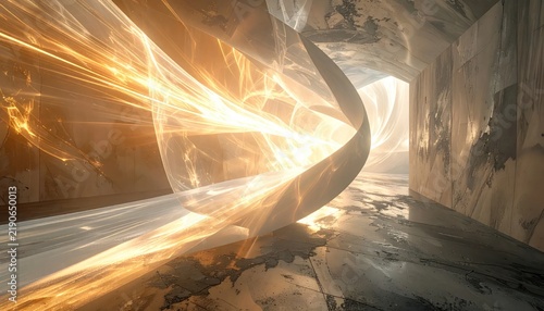 Golden light trails flowing through industrial concrete architecture.