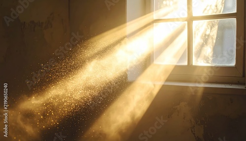 Golden sunbeams shining through a window onto dust motes.