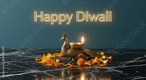 Golden brass peacock shaped diya with flower petals and Happy Diwali light text