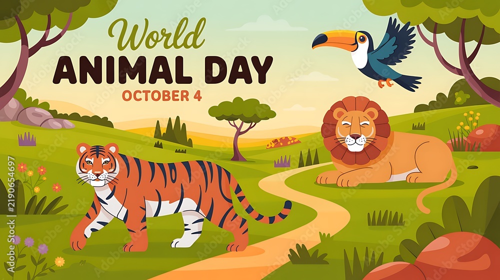 Obraz premium World animal day banner with tiger lion and toucan in nature