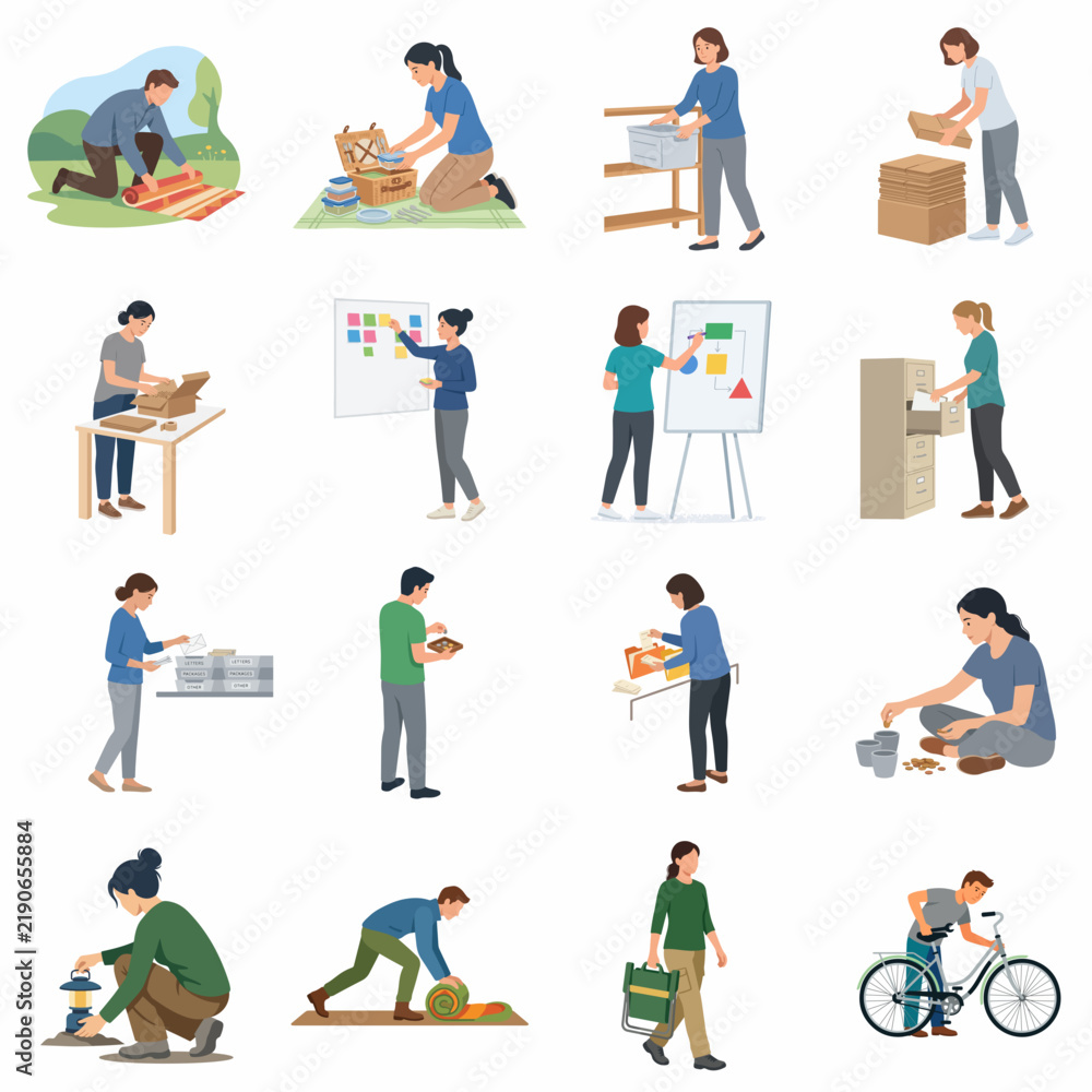 Fototapeta premium Vector Illustration Set of Diverse People Organizing Sorting and Preparing for Various Home Office and Outdoor Activities