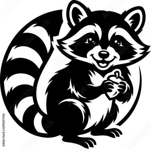 Cute cartoon raccoon holding a small acorn black and white vector illustration