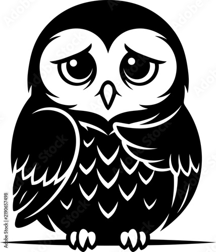 Cute sad little owl drawing with big eyes in a simple black and white vector style illustration