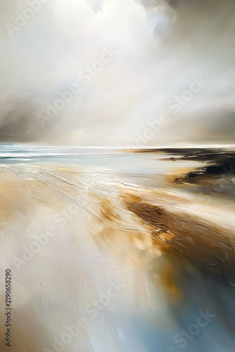 Abstract coastal landscape painting featuring expressive brushstrokes and neutral tones, evoking a sense of calm and expansive space