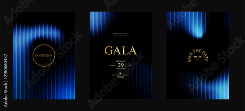 Gala Blue Abstract Gradient Invitation Poster Set with Soft Light Reflections and Deep Black Luxury Layout for VIP Celebration, Wedding, Birthday, Anniversary and Elite Branding Vector Illustration