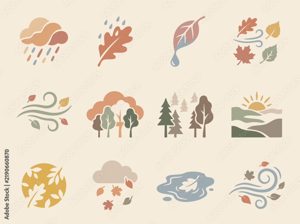 Obraz premium Autumn Weather and Nature Icon Set – Flat Fall Rain, Wind and Landscape Symbols
