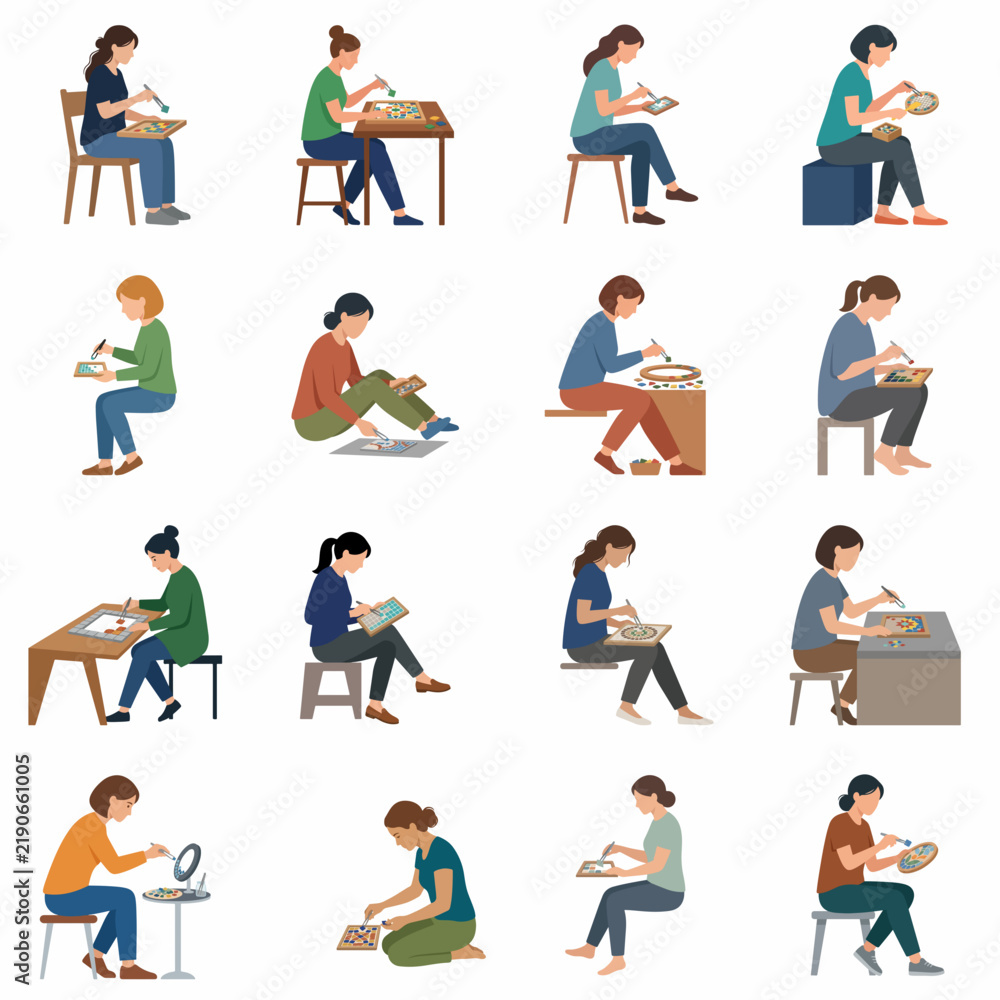 Fototapeta premium Flat vector illustration set of women engaged in creative hobbies like pottery making, ceramics, sewing, and art. Professional female artists working on handmade crafts isolated on white background.