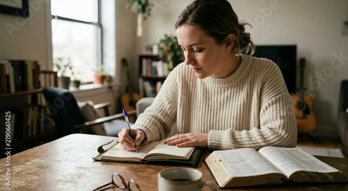 Young woman writing in devotional journal next to open Bible. Person studying scripture at table at home