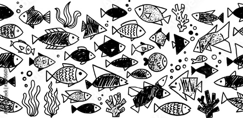 seamless banner background with crayon drawn school of fish. Marine seamless pattern with rough charcoal texture. Childish wrapping paper with various chaotic fish.