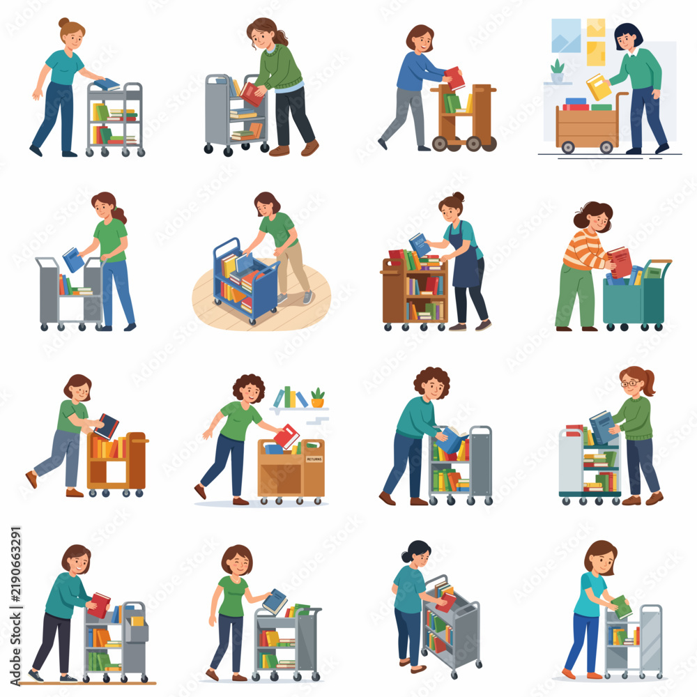 Fototapeta premium Vector illustration set featuring female hotel housekeeping staff and cleaners organizing service trolleys with linens and supplies for room maintenance on a clean white background.
