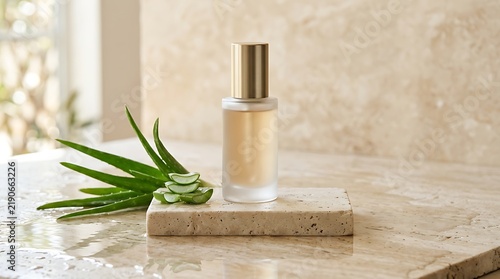 Luxury skincare serum bottle with gold cap on travertine stone with aloe vera leaves