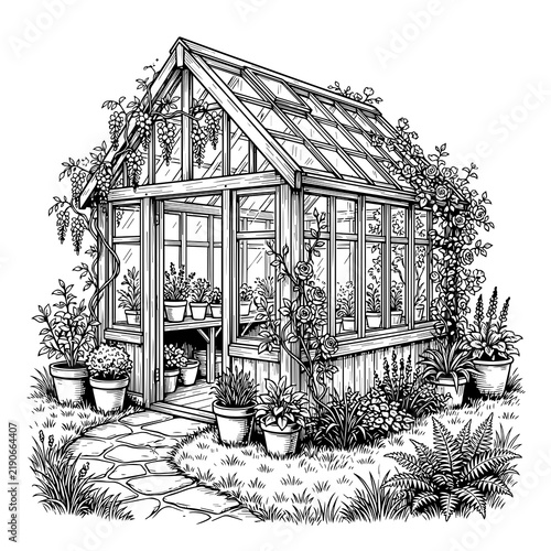 Vintage greenhouse sketch with potted plants and climbing vines illustration