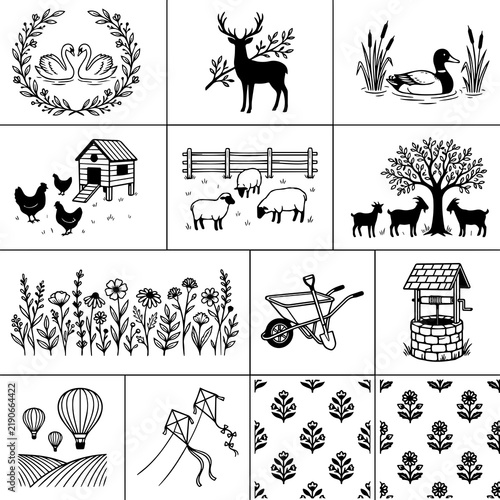 Collection of rural farming icons and nature symbols in black line art style