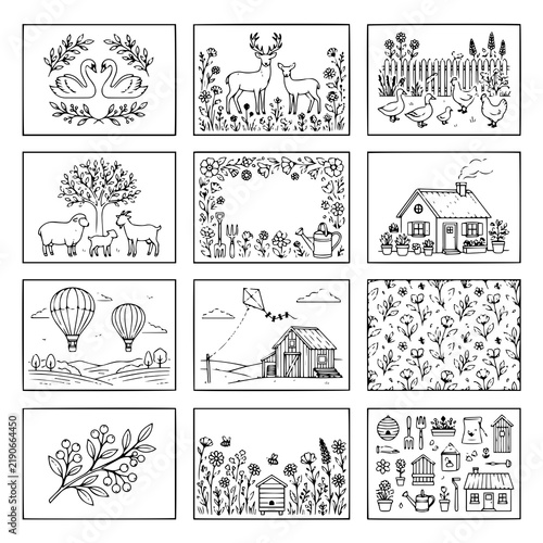 Set of black and white farm and nature doodle vector illustrations with bee hive