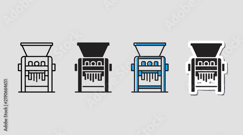 Recycling facility cardboard shredder icon set depicting industrial waste crushing machine in outline, solid glyph, blue filled, and sticker styles.