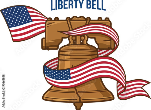Vector illustration of the Liberty Bell wrapped with American flags and the text 