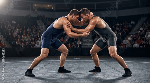 Male wrestlers locked in a head-to-head tie-up position on a mat inside a arena during a competitive freestyle wrestling match portraying strength and focus