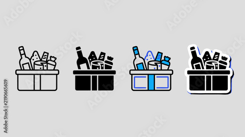 Holiday gift hamper basket vector icon set in outline filled colored and sticker styles