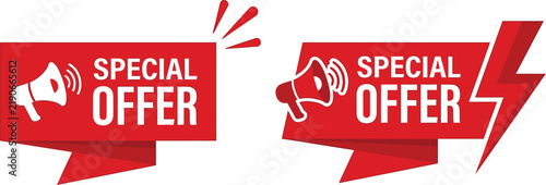Set of red special offer banners with megaphone icons, promotional labels for sales and marketing campaigns, vector design elements