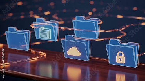 Digital data management concept with glowing blue folders and cloud storage and security symbols floating on a dark reflective wooden surface