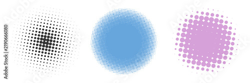 Halftone dot circle set, horizontal vector layout with colorful radial gradient patterns. Comic pop art screen print effect elements for retro banner, logo or graphic design.