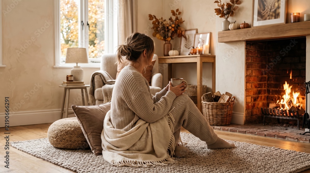 Obraz premium A woman wearing a cozy sweater sits by a warm fireplace. Concept autumn clothing, home comfort, seasonal fashion, cozy lifestyle, perfect for lifestyle and fashion promotions. Generative AI