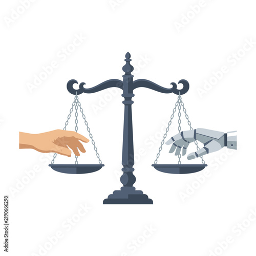Robot and Human Hand on Scales of Justice Illustration