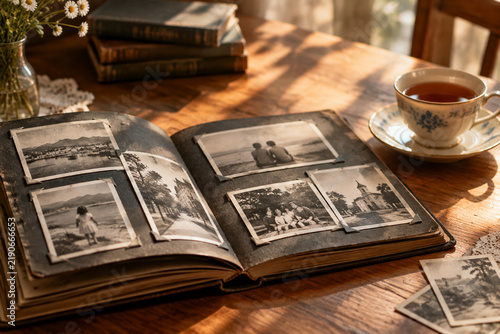 Open photo album with old black-and-white photos and tea, retrospect and nostalgia concept