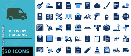 Set of fifty blue flat delivery and logistics service icons