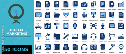 Digital marketing icon set with blue technology and office symbols