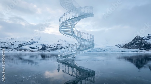Spiral Crystal Staircase Floating in a Snowy Mountain Landscape