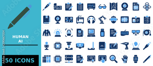 Set of fifty blue technology and digital business flat vector icons