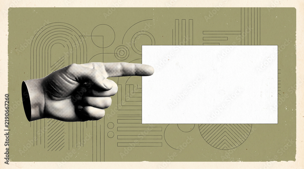 Fototapeta premium Nostalgic collage of hand pointing at rectangular paper frame on olive green background. Vintage halftone design with geometric lines and circles for promotional website header banners.