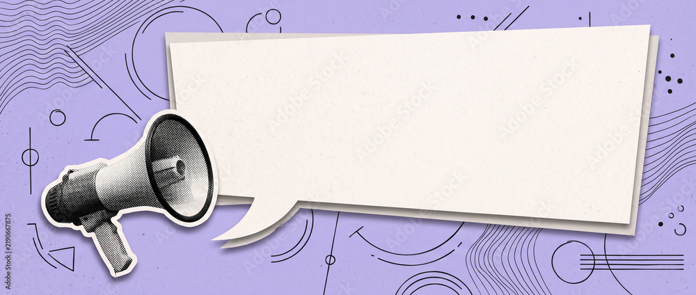 Fototapeta premium Modern artistic banner featuring retro halftone megaphone with large geometric speech bubble on light purple background with minimalist line drawings and circle shapes for digital marketing.