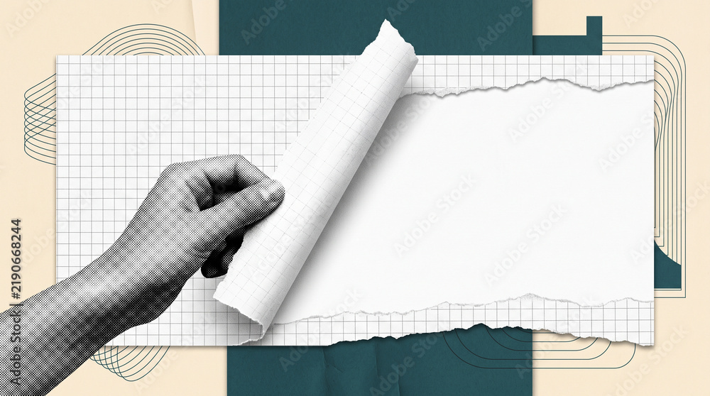 Fototapeta premium Hand holding piece of torn graph paper revealing blank space for text on dark moody background featuring vintage halftone aesthetic and creative ripped paper collage design for digital web layout.