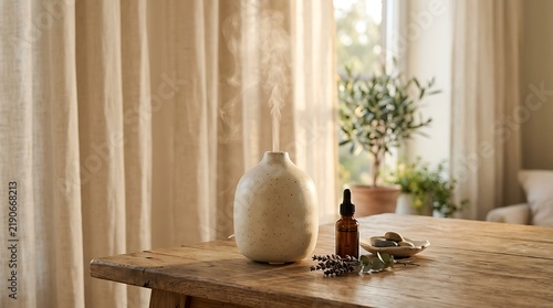 Ceramic Essential Oil Diffuser on Wooden Table with Aromatherapy Supplies