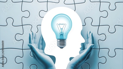 Human head silhouette made of puzzle pieces with a glowing blue light bulb idea symbol held by two hands, creative thinking and innovation