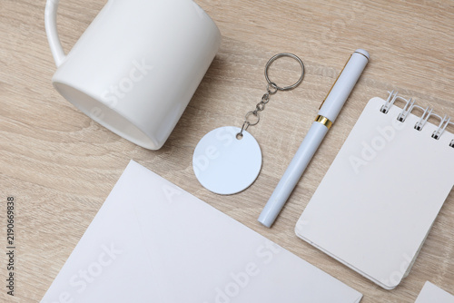 Corporate identity, set of white blank promotional products for business on table. Flat lay. Creative mockup for your brand design.