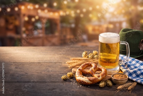 Oktoberfest Beer and Pretzel with Alpine Hat, Hops and Copy Space