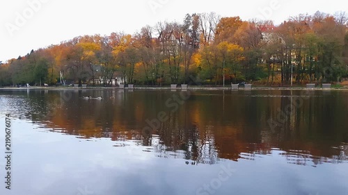 View from embankment of city pond on calm mirror water surface and residential buildings among lush trees covered by vibrant autumnal foliage at overcast autumn day. Peaceful fall season landscape.