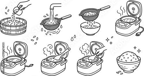 Bild auf Leinwand Rice cooking process step by step vector line icon set showing washing straining