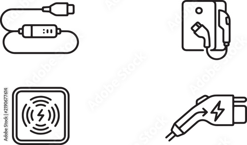 EV Charger Cable Home Wallbox Wireless Charging Pad Connector Icons
