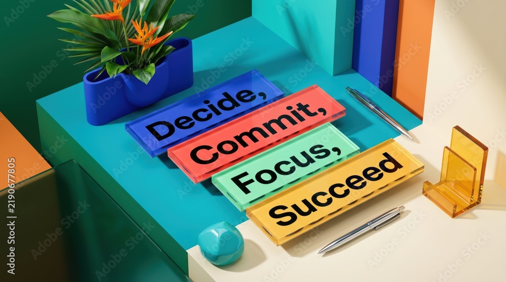 Fototapeta premium Motivational office desk with colorful signs and decorative elements