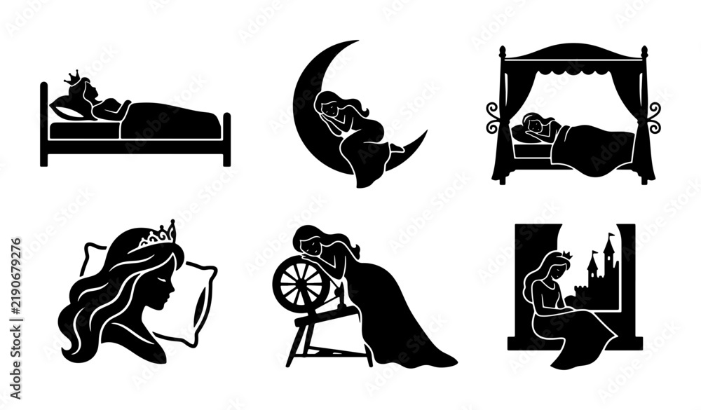 Obraz premium Princess Silhouette Icons, Sleeping Beauty, Fairytale Dreams, Fantasy Characters, Vector Graphics