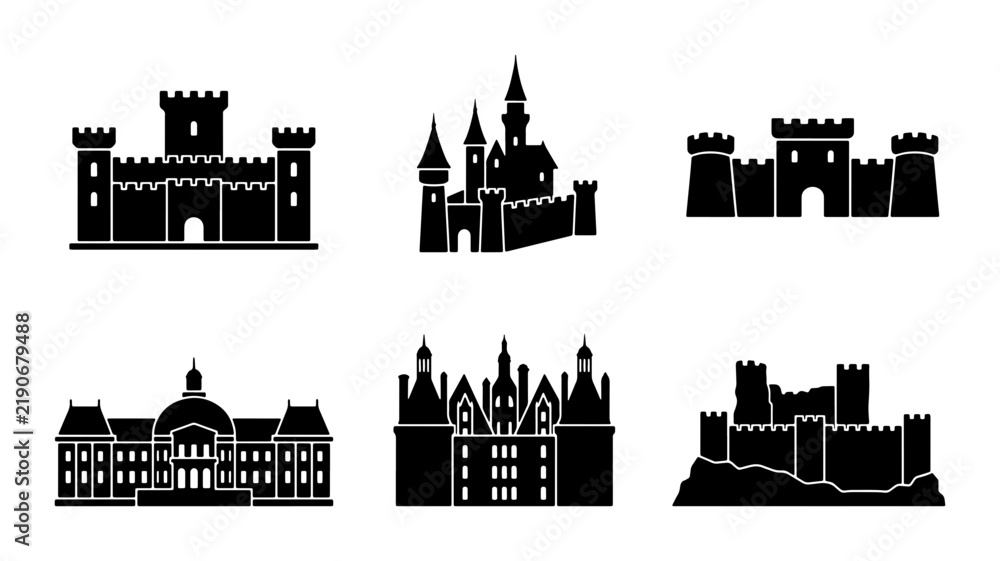 Obraz premium Medieval Castle Icons, Fortress Silhouettes, Royal Palace Vector Set, Fantasy Architecture Collection