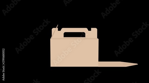 animation of a cardboard sheet being folded into a take away box on alpha channel black background.