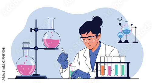 Female scientist in a lab coat and safety goggles conducting chemical research with test tubes and colorful flasks.